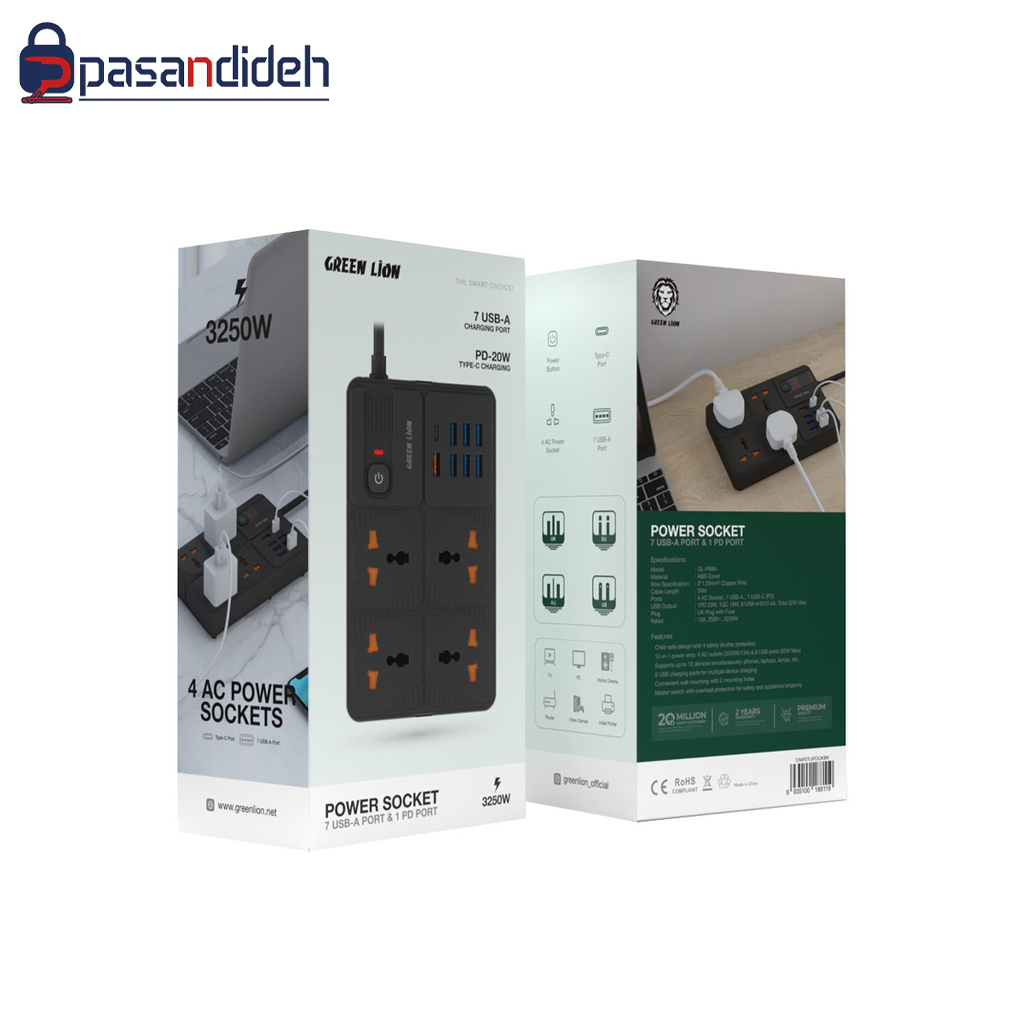 چند راهی برق گرین لاین مدل Green lion 7 USB A + PD PORT