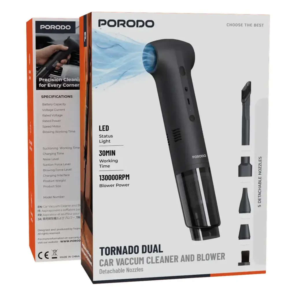 جارو شارژی و دمنده پرودو مدل Porodo Tornado Dual Car Vacuum Cleaner & Blower PDQ26BK - تصویر 2
