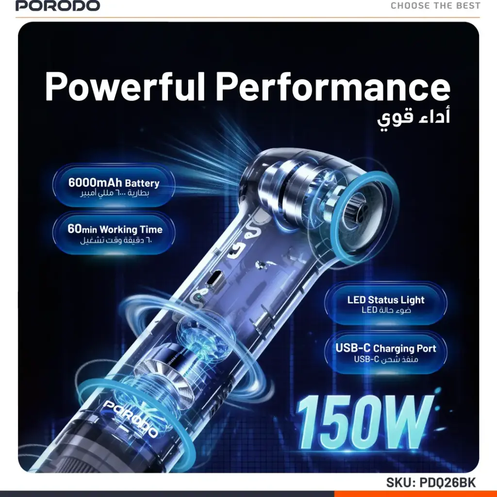 جارو شارژی و دمنده پرودو مدل Porodo Tornado Dual Car Vacuum Cleaner & Blower PDQ26BK - تصویر 4